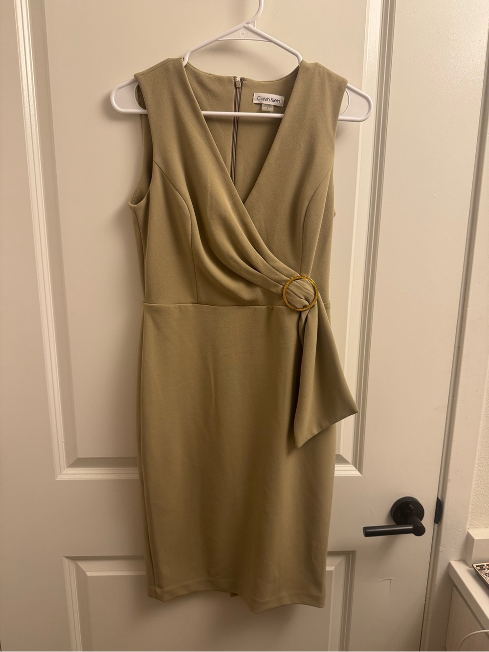 Calvin Klein Tan Sheath Dress with Draped Ring Detail